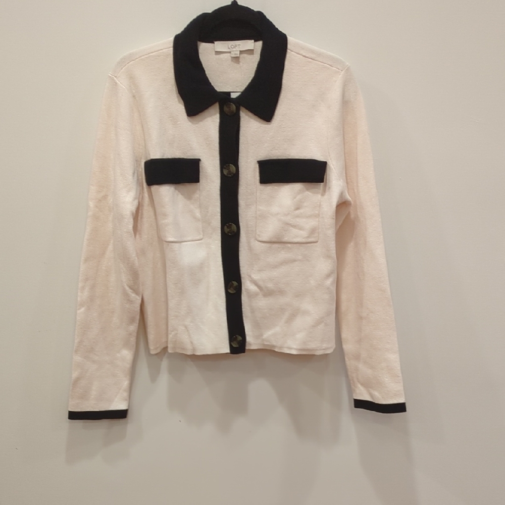LOFT Cream Cardigan with Black Trim and Collar